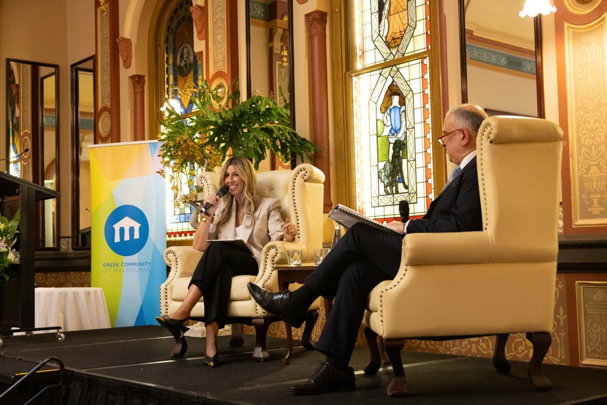 Helen Mantzis in conversation with Marinis Pirpiris at High Tea at The Hotel Windsor