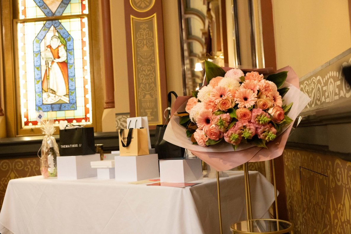 Raffle prizes on display at High Tea at The Hotel Windsor